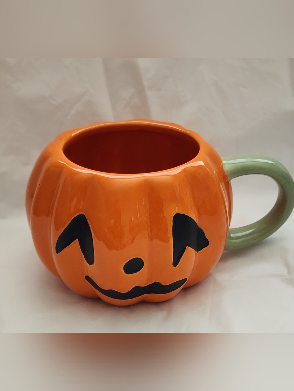 Ceramic Pumpkin Jack-O'-Lantern Mug with Green Handle